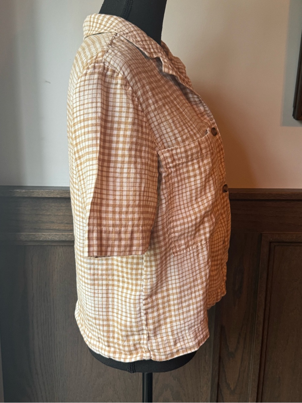 Everlane Linen Short-Sleeve Checked Button-Up Top - Tan White small - Picture 6 of 8